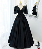 Black v neck satin long A line prom dress evening dress HZ1023