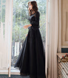 Black tulle lace long prom dress A line evening dress HZ1023