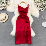 V-neck slim slim acetate Satin pleated split dress dress HZ1023