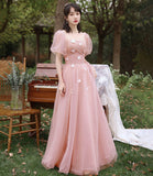 Pink tulle long prom dress A line evening dress HZ1023