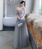 Gray tulle sequins long prom dress party dress HZ1023