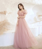 Cute tulle long prom dress pink A line evening dress HZ1023