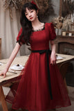 Burgundy tulle short A line prom dress homecoming dress HZ1023