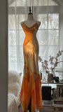 Orange Delicate Floral Spaghetti Strap Long Satin Chiffon Ball Gown Evening Dress Party Dress HZ1023