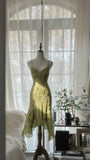 Green Romantic Fashion Elegant Delicate Floral Appliqu¨¦ Beaded Spaghetti Straps Midi/Short Chiffon Ruffle Ball Gown Evening Gown Party Gown HZ1023