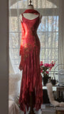 Red Romantic Fashion Elegant Exquisite Lotus Gold Beaded Long Chiffon Fishtail Skirt Mermaid Slim Ball Gown Evening Dress Birthday/Wedding Guest/Holiday Party Dress Prom Dress Valentine's Day Date Dress HZ1023