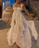 White pure color youthful elegant sweet long chiffon ruffle irregular skirt seaside beach holiday party dress evening dress prom dress HZ1023