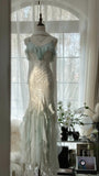 White Mint Green Romantic Fashion Elegant Delicate Beaded Lace Spaghetti Straps Long Tulle Chiffon Ruffle Ball Gown Evening Gown Party Dress HZ1023