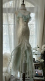 White Mint Green Romantic Fashion Elegant Delicate Beaded Lace Spaghetti Straps Long Tulle Chiffon Ruffle Ball Gown Evening Gown Party Dress HZ1023