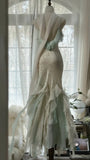 White Mint Green Romantic Fashion Elegant Delicate Beaded Lace Spaghetti Straps Long Tulle Chiffon Ruffle Ball Gown Evening Gown Party Dress HZ1023