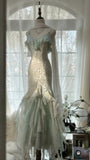 White Mint Green Romantic Fashion Elegant Delicate Beaded Lace Spaghetti Straps Long Tulle Chiffon Ruffle Ball Gown Evening Gown Party Dress HZ1023