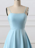 Blue fashion simple bow sleeveless short spaghetti strap A-line short satin mini homecoming dress evening gown HZ1023