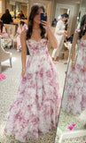 Pink/Blue Sweet A Line Floral Chiffon Long Elegant Floor Length Ball Gown Evening Gown Wedding Party Gown Prom Gown Graduation Gown HZ1023