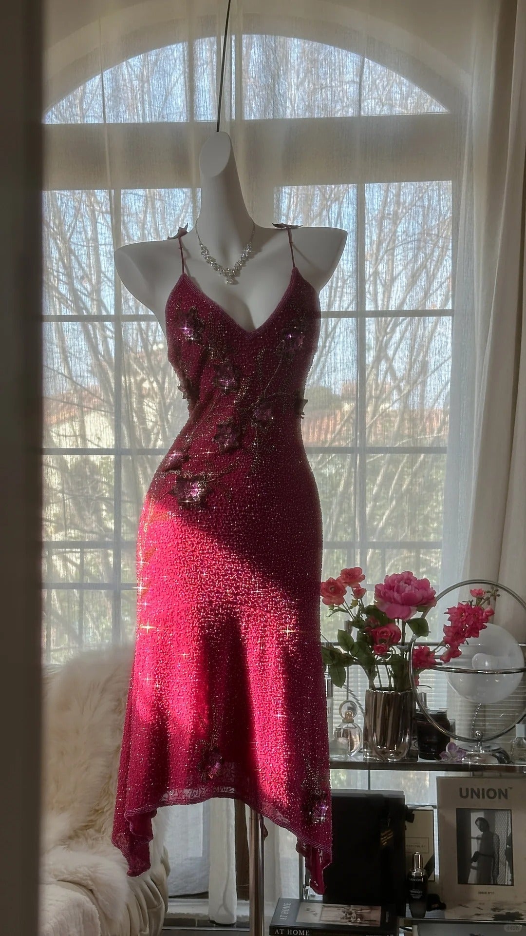 Pink Gorgeous Elegant Romantic Exquisite Beaded Sequin Midi/Short Chiffon Ball Gown Evening Dress Birthday/Wedding Guest Party Dress Prom Dress HZ1023