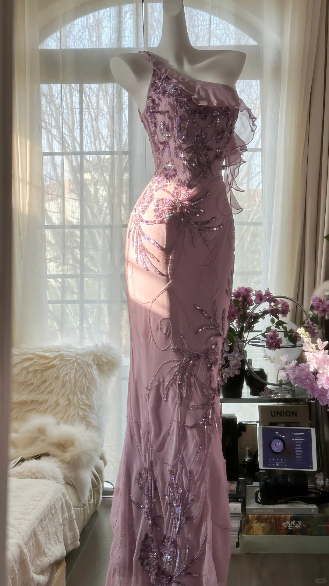 Pink Purple Romantic One Shoulder Fashion Elegant Exquisite Floral Beading Long Chiffon Ball Gown Evening Dress Birthday Holiday Party Dress Prom Dress HZ1023
