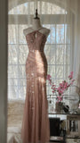 Rose pink luxury gorgeous elegant romantic exquisite beaded long chiffon ball gown evening dress party dress prom dress Valentine's Day date dress HZ1023