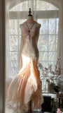Light Pink Gorgeous Exquisite Beading Spaghetti Strap Long Chiffon Satin Ball Gown Evening Dress Birthday/Holiday Party Dress Prom Dress HZ1023