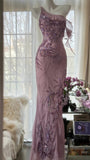 Pink Purple Romantic One Shoulder Fashion Elegant Exquisite Floral Beading Long Chiffon Ball Gown Evening Dress Birthday Holiday Party Dress Prom Dress HZ1023