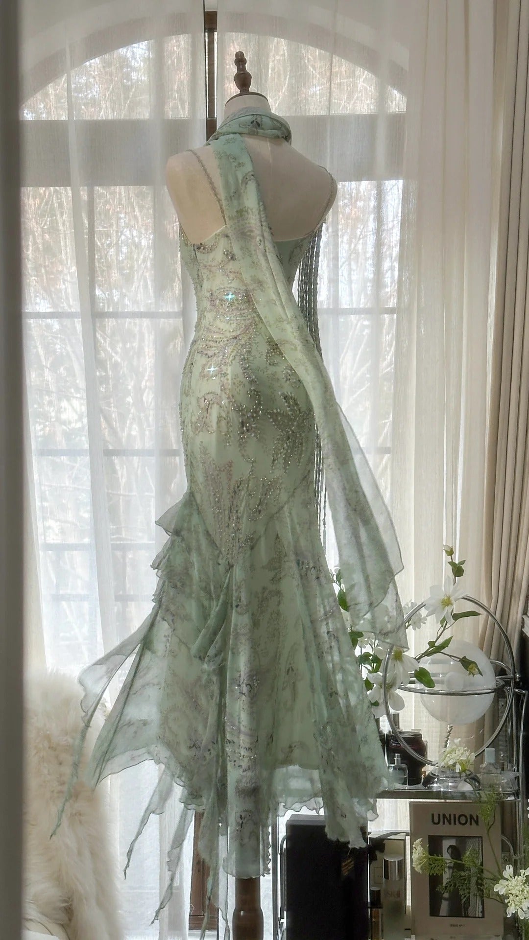 Mint Green Romantic Fashion Elegant Exquisite Beading Spaghetti Straps Long Tulle Chiffon Ruffle Ball Gown Evening Dress Party Dress HZ1023