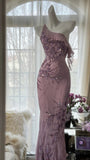 Pink Purple Romantic One Shoulder Fashion Elegant Exquisite Floral Beading Long Chiffon Ball Gown Evening Dress Birthday Holiday Party Dress Prom Dress HZ1023