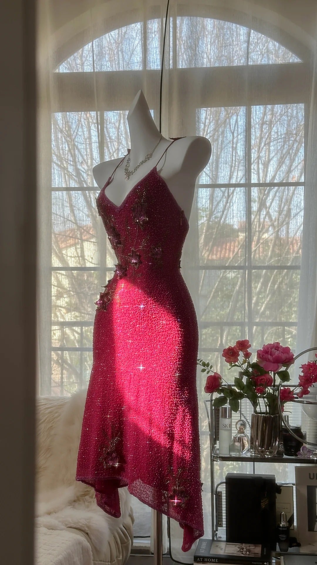 Pink Gorgeous Elegant Romantic Exquisite Beaded Sequin Midi/Short Chiffon Ball Gown Evening Dress Birthday/Wedding Guest Party Dress Prom Dress HZ1023