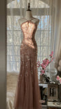Rose pink luxury gorgeous elegant romantic exquisite beaded long chiffon ball gown evening dress party dress prom dress Valentine's Day date dress HZ1023