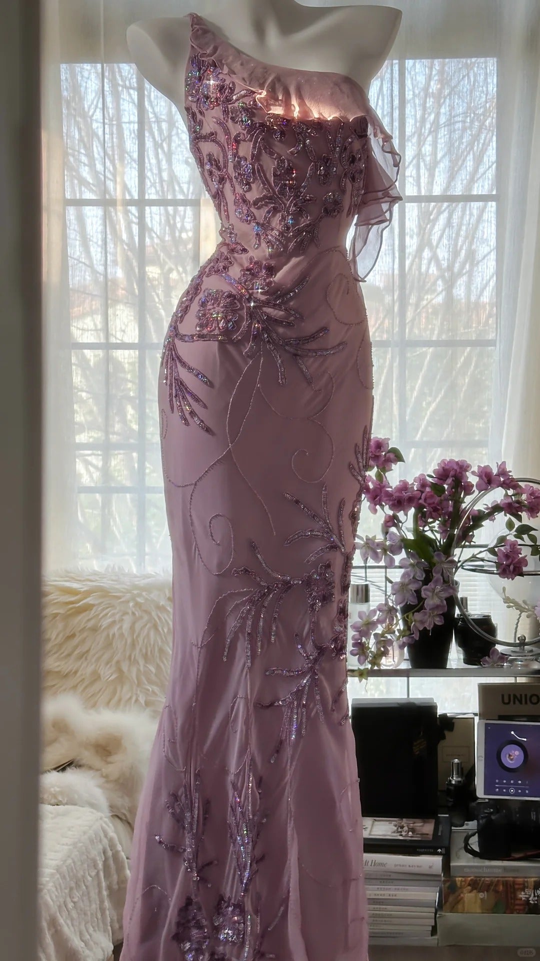 Pink Purple Romantic One Shoulder Fashion Elegant Exquisite Floral Beading Long Chiffon Ball Gown Evening Dress Birthday Holiday Party Dress Prom Dress HZ1023