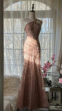 Rose pink luxury gorgeous elegant romantic exquisite beaded long chiffon ball gown evening dress party dress prom dress Valentine's Day date dress HZ1023
