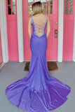 Rose Red V-neck Beading Mermaid Prom Dress with Side Slit HZ1023
