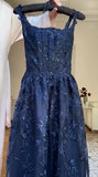 Navy Blue Vintage Fashion Elegant Strapless A-Line Delicate Lace Long Tulle Ball Gown Evening Dress HZ1023