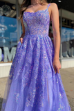Lavender Tulle Sequin Scoop Neck A-Line Long Dress with Slit HZ1023