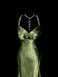 Green Retro Elegant Fashion Exquisite Beaded Shoulder Straps Long Floor Length Trailing Satin Prom Dress Evening Gown Graduation Gown HZ1023