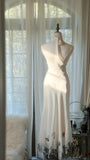 White Elegant Romantic Exquisite Black Lace Beaded Long Chiffon Ball Gown Evening Dress Party Dress Prom Dress Valentine's Day Date Dress HZ1023