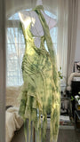 Green Romantic Elegant Exquisite Beaded Backless Long Chiffon Ruffle Homecoming Dress Prom Dress Evening Dress Birthday Vacation Party Dress HZ1023