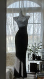 Black Silver Gorgeous Shiny Fashion Gradient Suspender Long Sequin Prom Dress Evening Dress Party Dress HZ1023