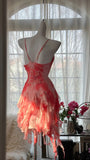 Pink Romantic Elegant Exquisite Floral Beaded Backless Short Chiffon Ruffle Homecoming Dress Ball Gown Evening Dress Birthday Holiday Party Dress Prom Dress HZ1023