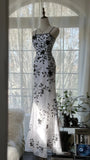 White Elegant Romantic Exquisite Black flowers Long Chiffon Ball Gown Evening Dress Birthday/Wedding Guest/Vacation Party Dress Prom Dress HZ1023