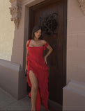 Red square neck spaghetti straps long chiffon ruffles elegant sexy slit ball gown evening dress wedding guest party dress HZ1023