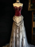 Burgundy Retro Fashion Long Tulle Satin Lace Ball Gown Evening Dress HZ1023