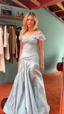 Blue elegant simple off-shoulder tulle long ball gown evening dress HZ1023