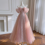 Pink tulle long prom dress, pink tulle evening dress