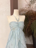 Blue halter back fashionable and elegant chiffon flowing ruffled long skirt HZ1023