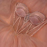 Pink Sparkling A-Line Long Beaded Elegant Halter Neck tulle Ball Gown Evening Dress HZ1023