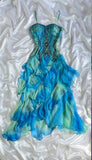 Blue Gradient Shiny Gorgeous Retro Fashion Exquisite Gemstone Beads Long Ankle Length Chiffon Ruffle Ball Dress Evening Dress Party Dress Prom Dress HZ1023