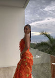 Orange Spaghetti Strap Sexy Ruffle Hem Mermaid Long Party Dress Wedding Guest Dress Ball Gown Irregular Bodycon Evening Dress HZ1023
