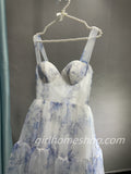 Blue white beautiful charming floral print sweetheart neckline A-line long chiffon ball gown evening dress wedding holiday party dress HZ1023