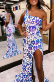 Sparkly Mermaid One Shoulder Sequins Long Prom Dresses HZ1023