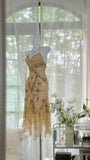 Light yellow brown gorgeous and elegant vintage exquisite beaded long chiffon lace ball dress evening dress birthday party dress prom dress HZ1023