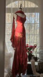 Red Romantic Fashion Elegant Exquisite Lotus Gold Beaded Long Chiffon Fishtail Skirt Mermaid Slim Ball Gown Evening Dress Birthday/Wedding Guest/Holiday Party Dress Prom Dress Valentine's Day Date Dress HZ1023