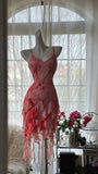 Pink Romantic Elegant Exquisite Floral Beaded Backless Short Chiffon Ruffle Homecoming Dress Ball Gown Evening Dress Birthday Holiday Party Dress Prom Dress HZ1023